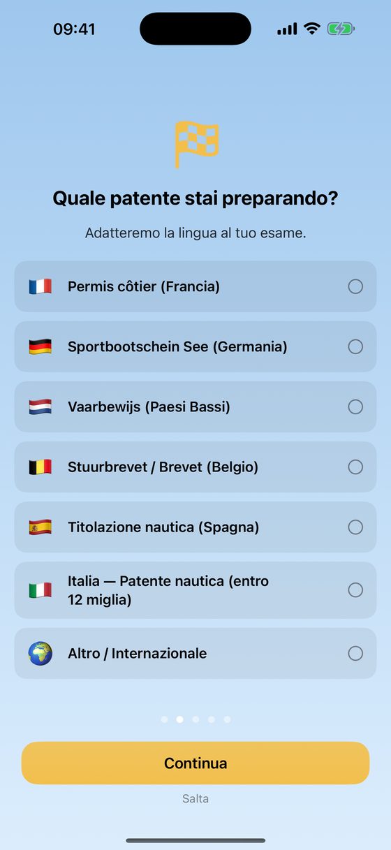 Schermata di scelta della patente — seleziona l'esame a cui ti stai preparando